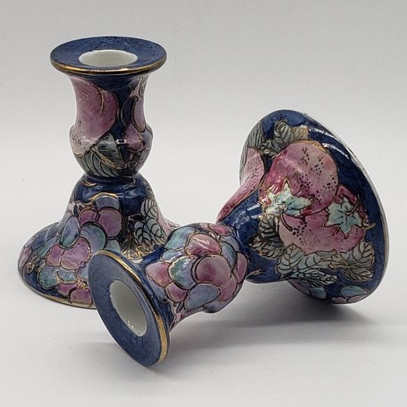 Toyo Porcelain Hand Painted Lilac Blue Gold Fruit Candle Holders - Picture 9 of 12